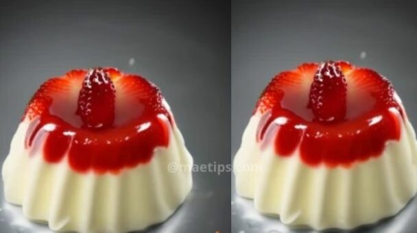 Delicioso creme de baunilha com gelatina de morango